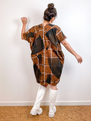 Disrupted Plaid Flannel Smock Dress Brown Brushstrokes