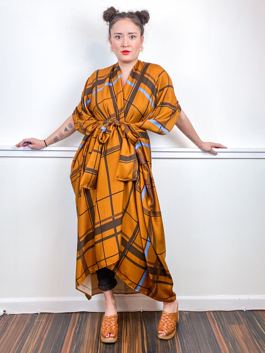 Print High Low Kimono Bronze Plaid Challis