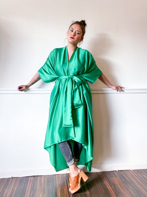 Print High Low Kimono Green Charmeuse