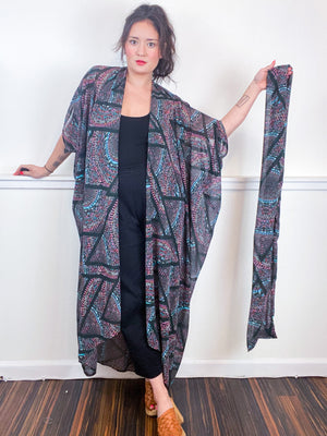 Print High Low Kimono Black Magenta Abstract Chiffon