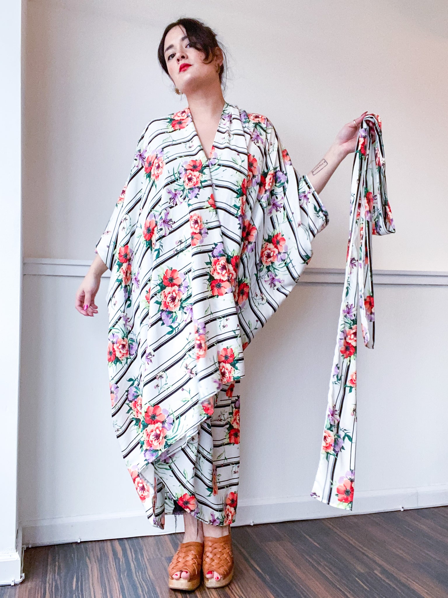 Print High Low Kimono Rose Stripes