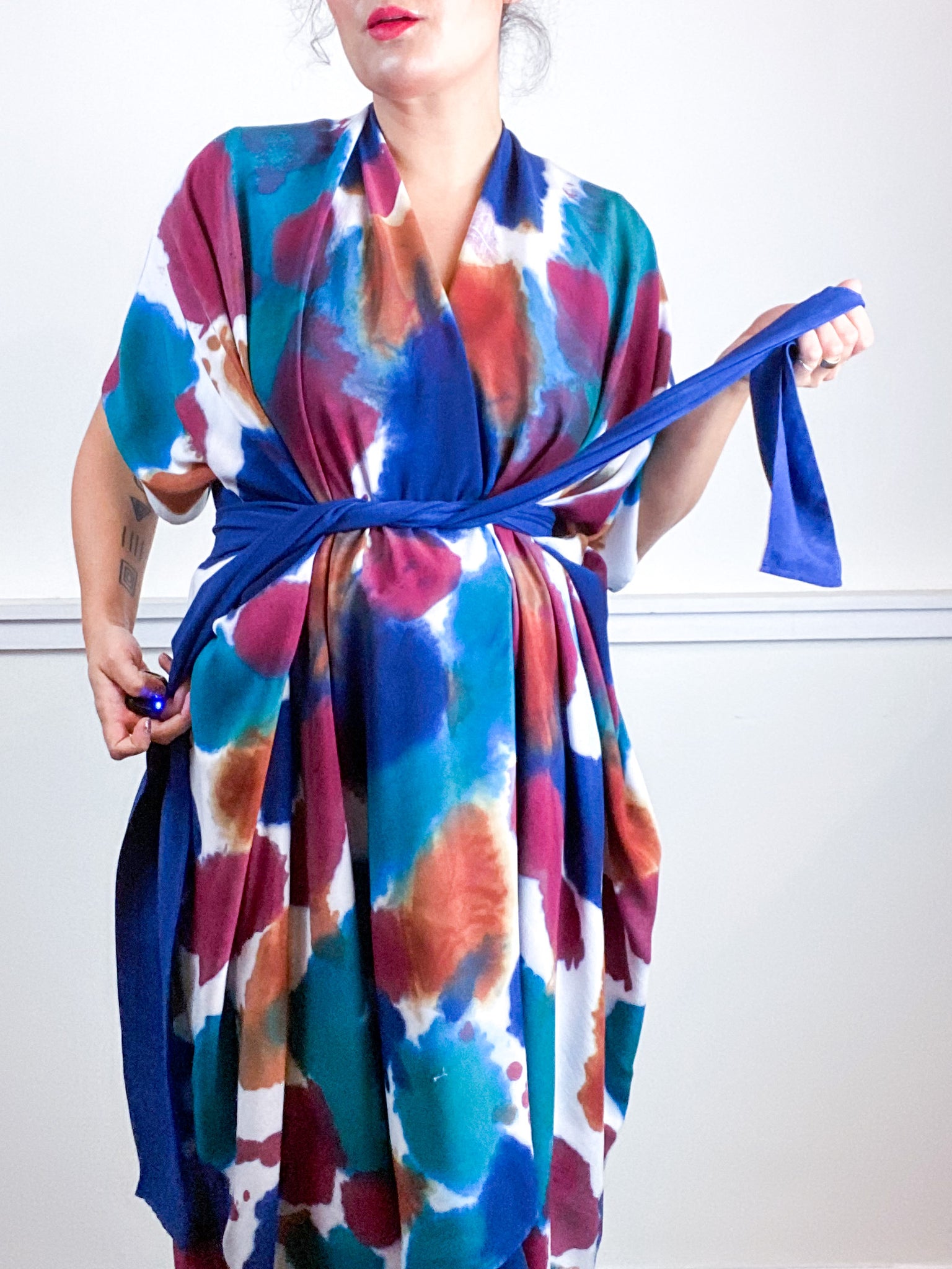OOAK Hand-Dyed High Low Kimono Maroon Terracotta Indigo Kingfisher Inkblot