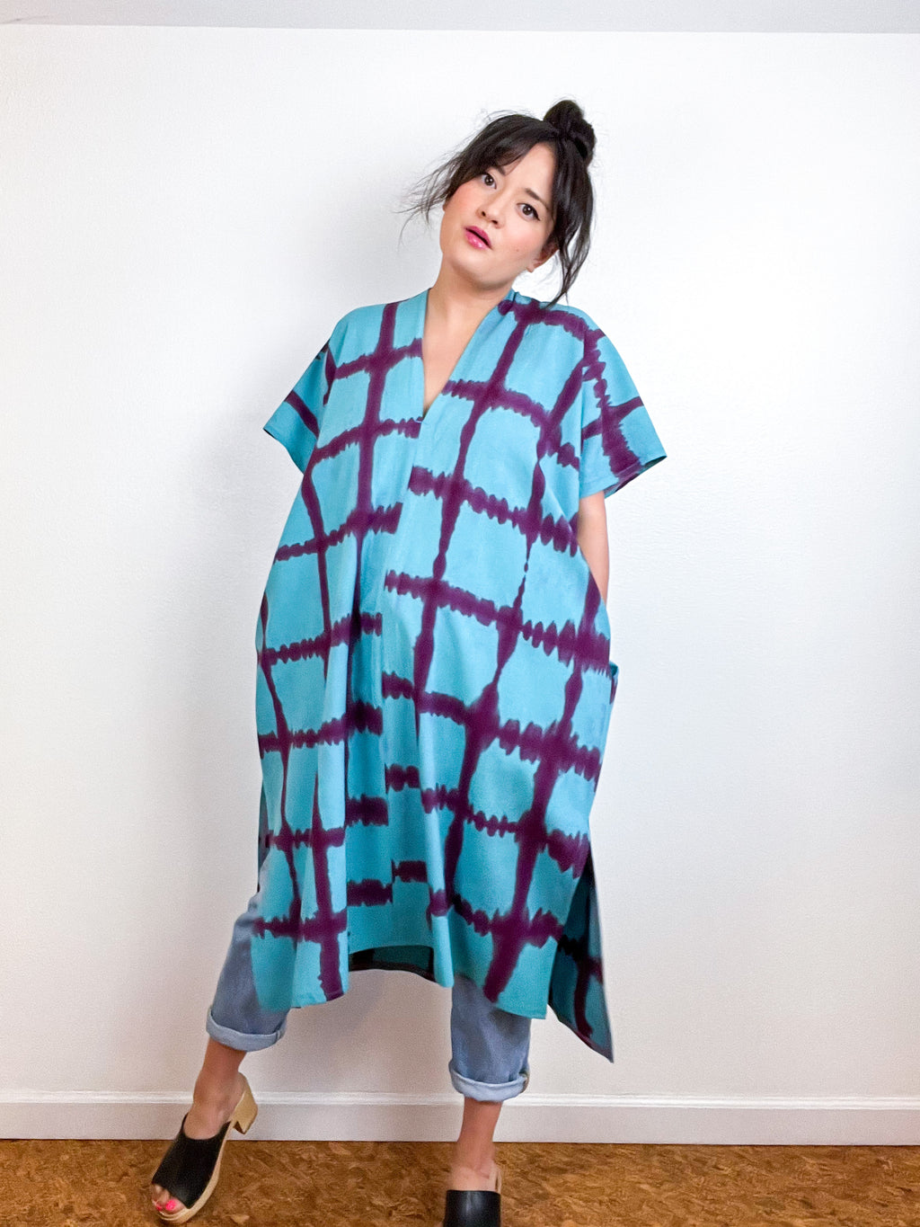 Hand-Dyed Midi Smock Dress Turquoise Maroon Windowpane