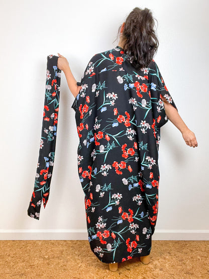 Print High Low Kimono Black Red Floral Crinkle Gauze