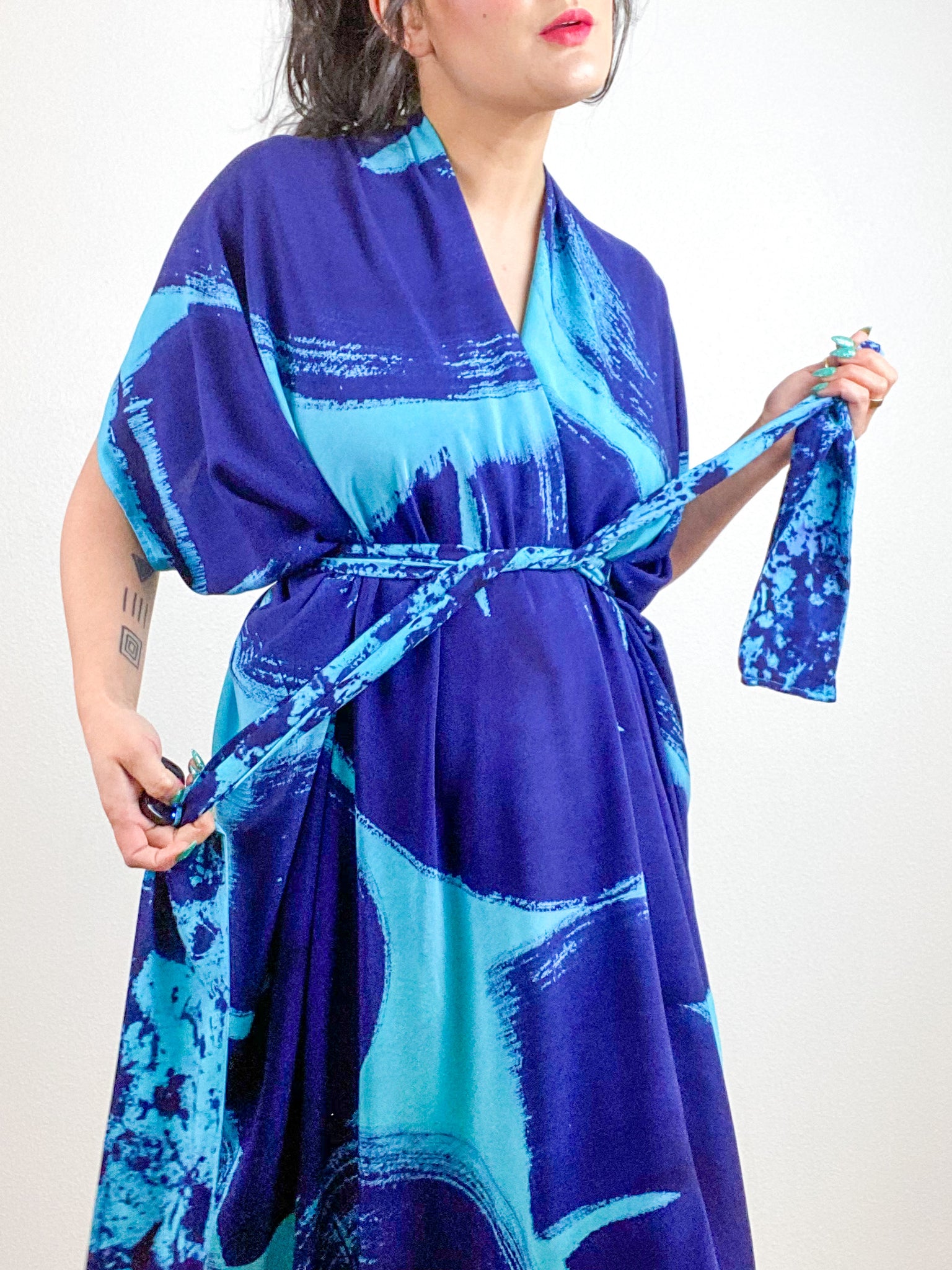 Hand-Dyed High Low Kimono Turquoise Royal Brushstroke