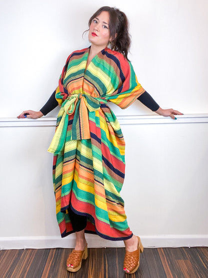 Print High Low Kimono Stitch Stripe Crepe De Chine