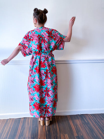 Print High Low Kimono Tropical Palms Rayon Challis