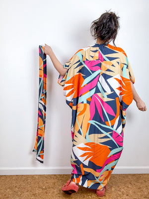 High Low Kimono Multicolor Palms Rayon Challis