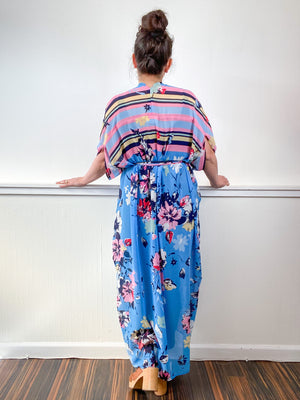 Print High Low Kimono Turquoise Floral Stripe Chiffon