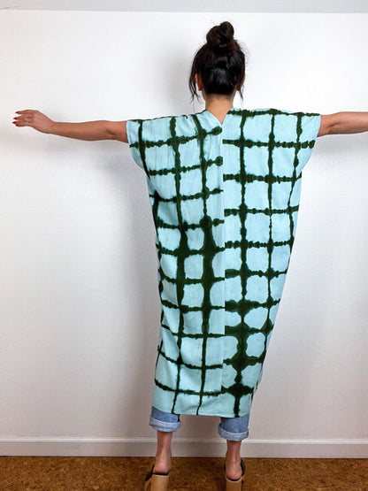 Hand-Dyed Midi Smock Dress Aqua Forest Windowpane