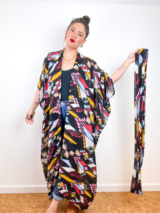 Print High Low Kimono Black Ikat Chiffon