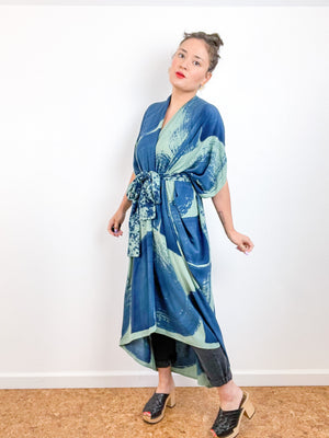 Hand-Dyed High Low Kimono Sage Indigo Brushstroke