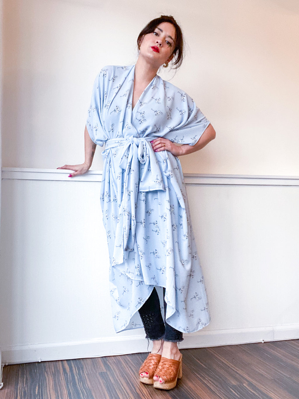 Print High Low Kimono Blue Flamingos