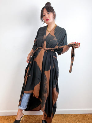 Hand-Dyed High Low Kimono Brown Black Brushstroke