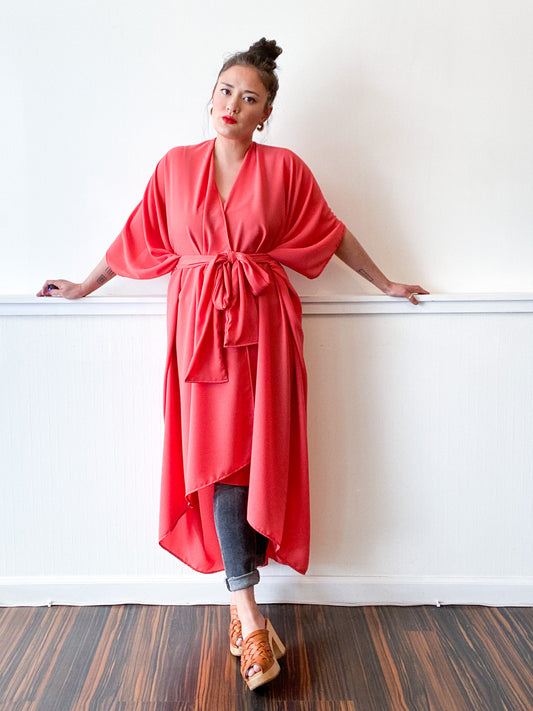 Print High Low Kimono Solid Coral Georgette