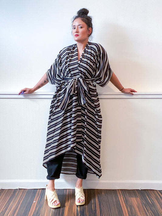 Print High Low Kimono Black White Stripes Rayon Challis
