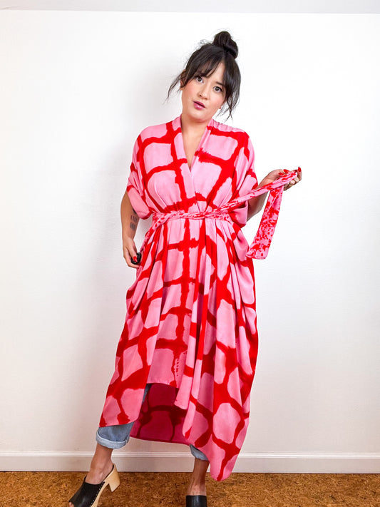 Hand-Dyed High Low Kimono Pink Scarlet Windowpane