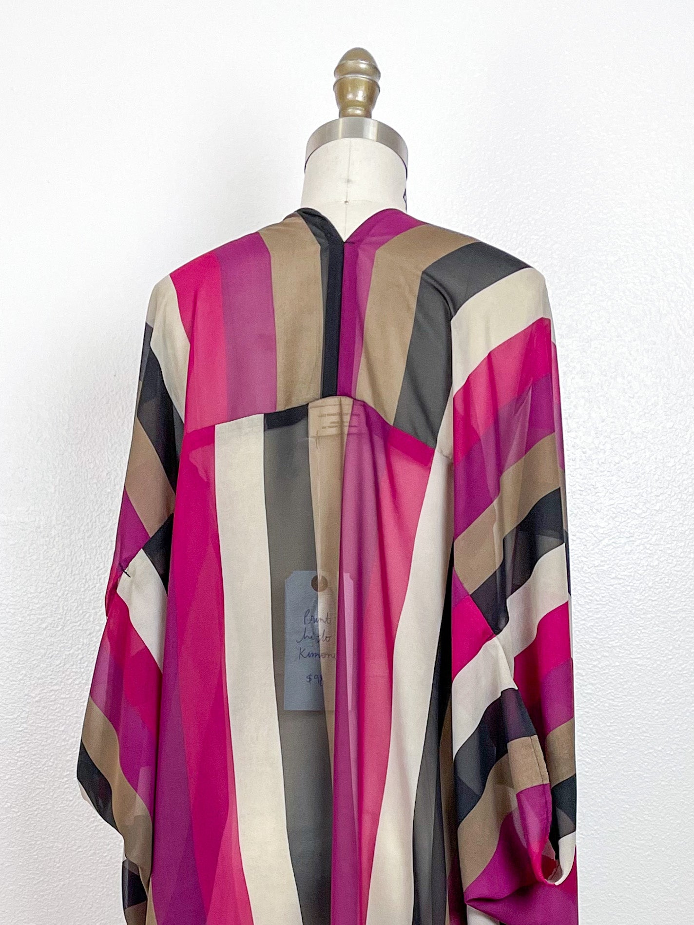 Print High Low Kimono Magenta Stripe Chiffon
