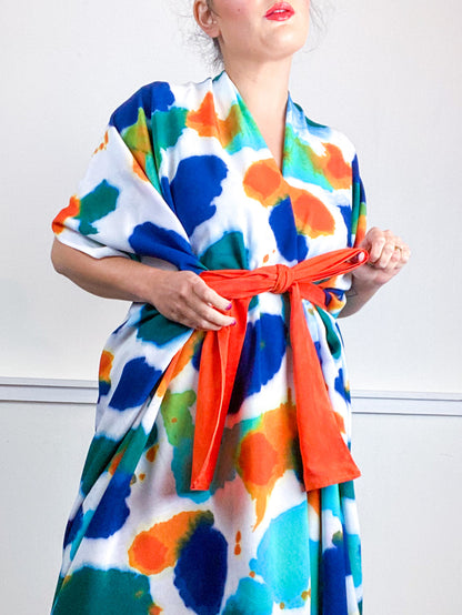 OOAK Hand-Dyed High Low Kimono Indigo Tangerine Emerald Parakeet Inkblot