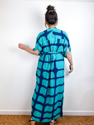 Hand-Dyed High Low Kimono Teal Royal Windowpane