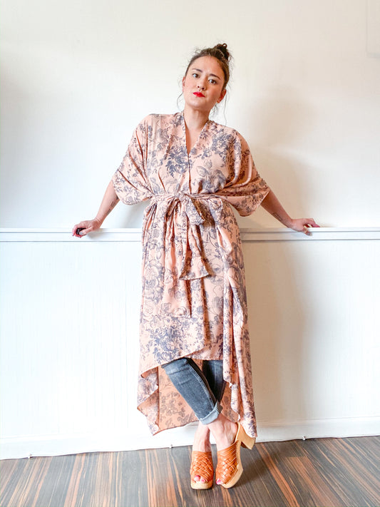 Print High Low Kimono Blush Sketched Floral