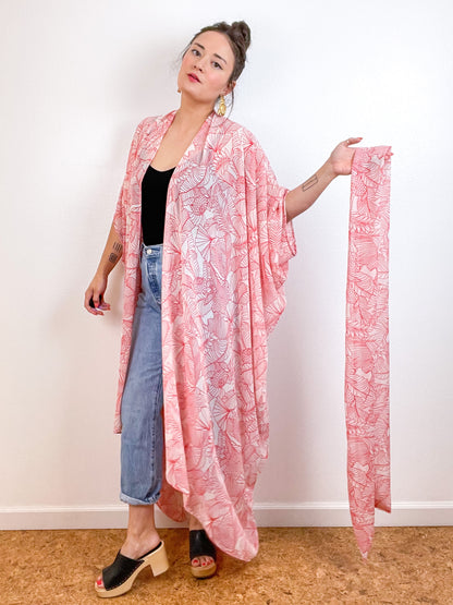 Print High Low Kimono Red Ivory Leaves Chiffon
