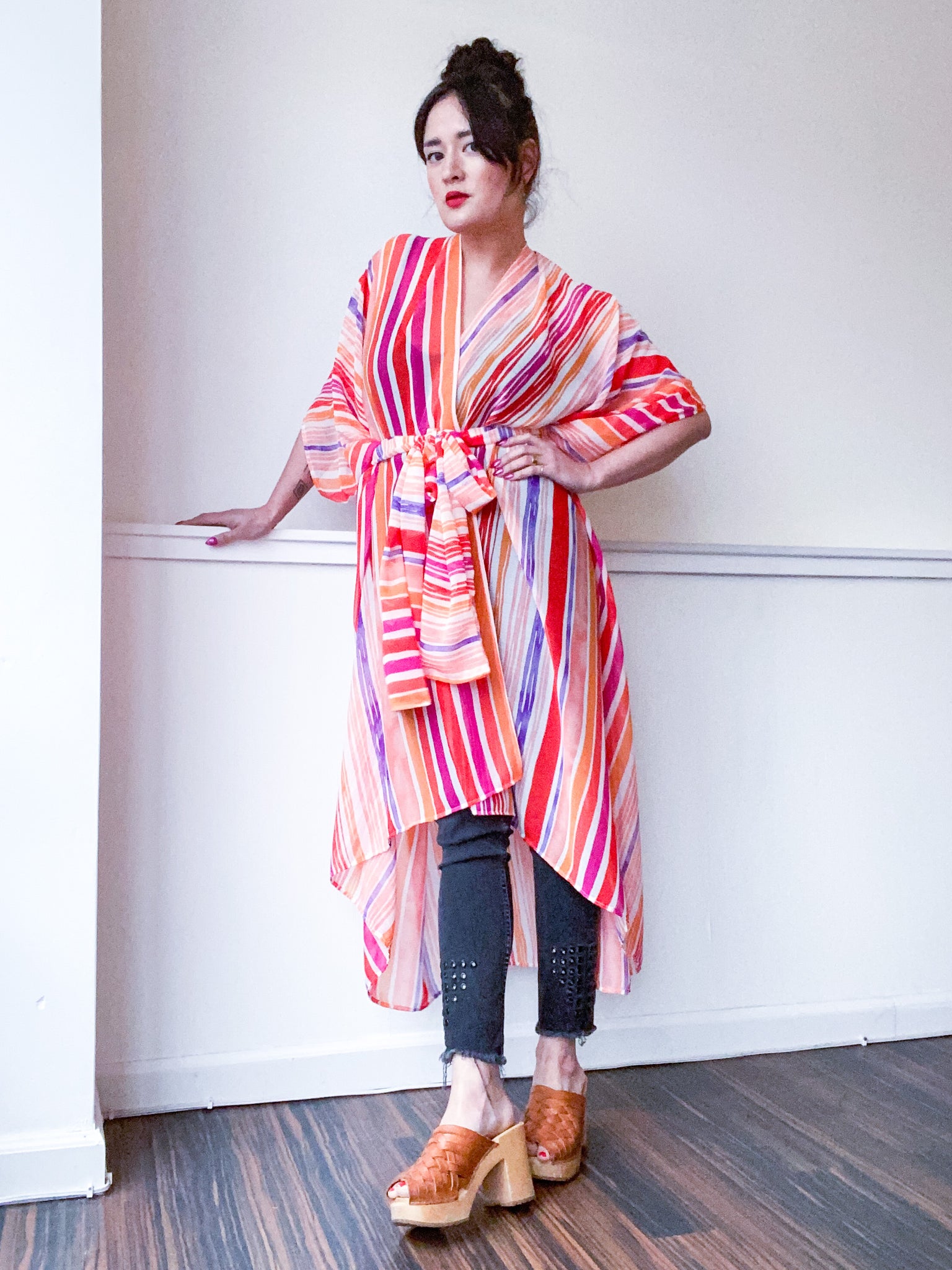Print High Low Kimono Stripes Chiffon
