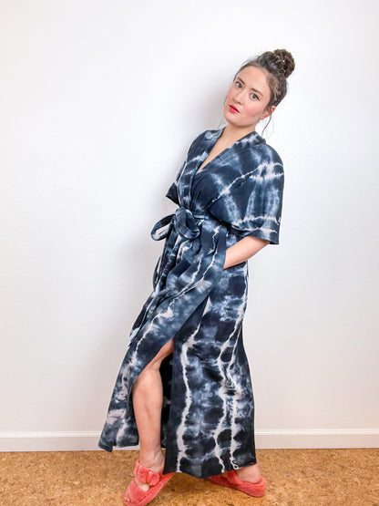 Single Gauze Duster Kimono Black Tie