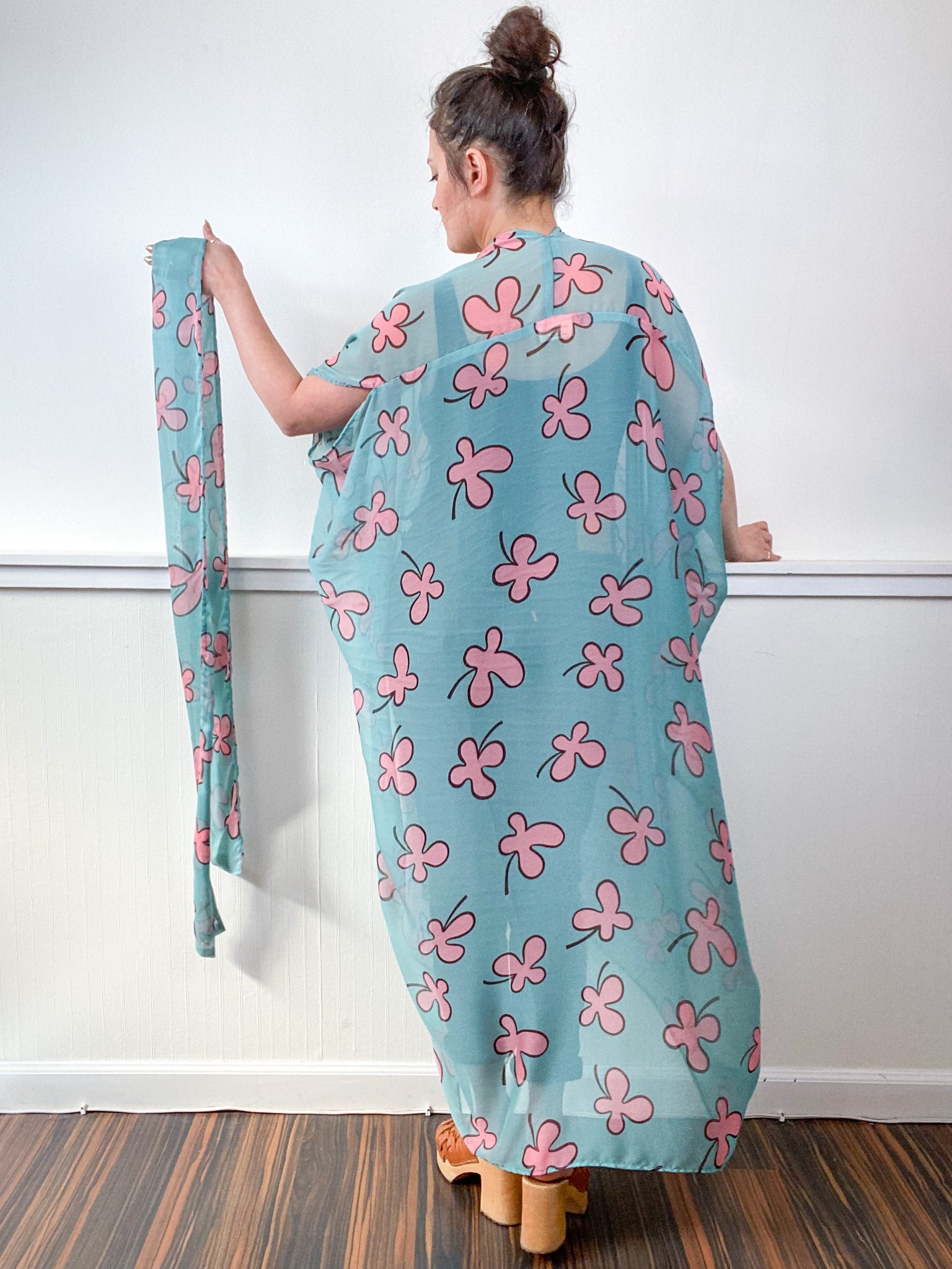 Print High Low Kimono Aqua Pink Clover Chiffon
