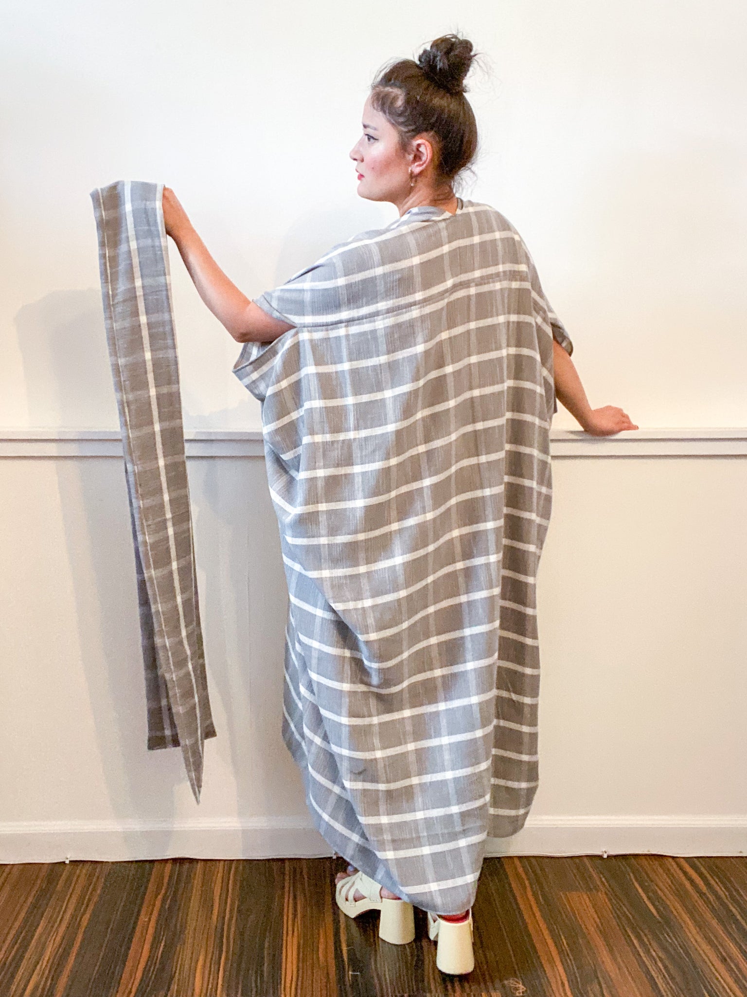 Print High Low Kimono Grey Plaid Rayon Woven
