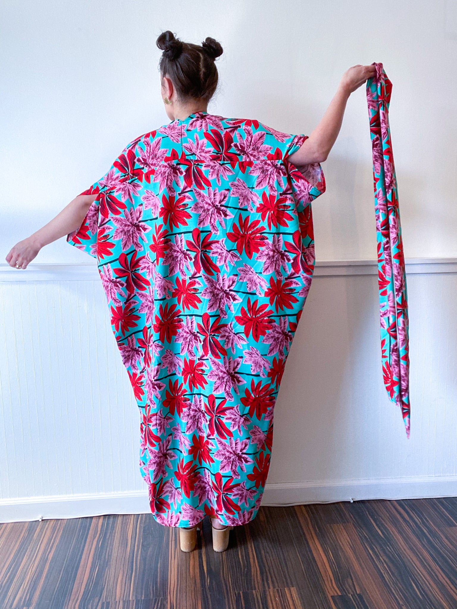 Print High Low Kimono Tropical Palms Rayon Challis