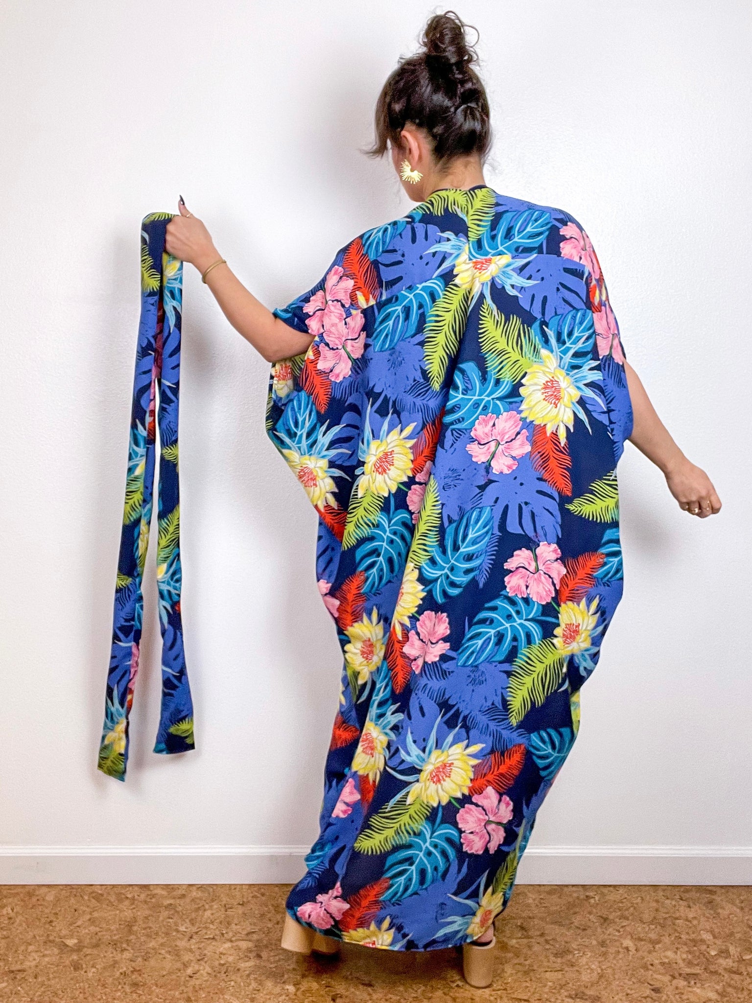 Print High Low Kimono Blue Tropical Crepe