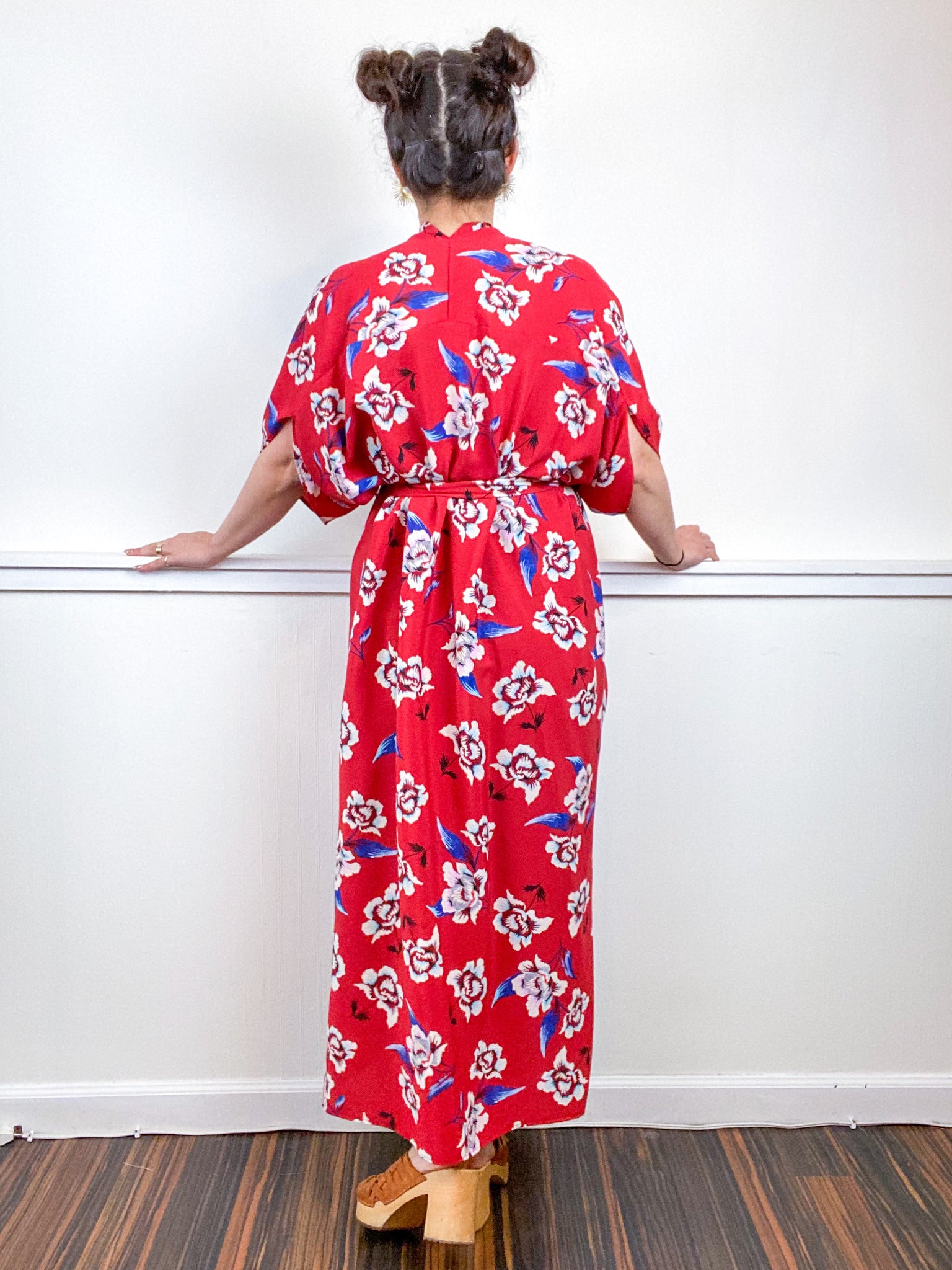 Print High Low Kimono Red Floral Crepe