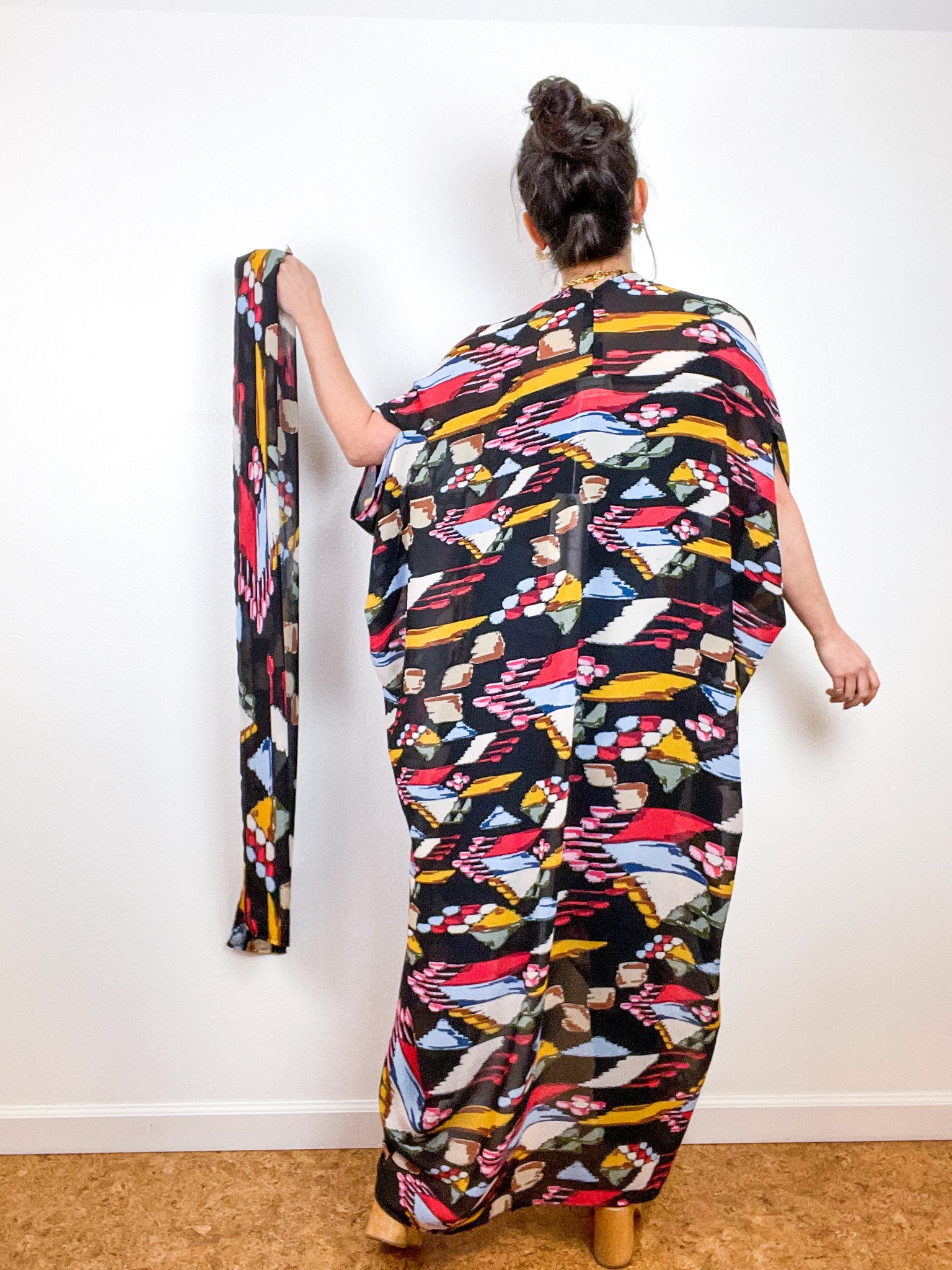 Print High Low Kimono Black Ikat Chiffon