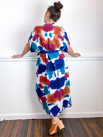 OOAK Hand-Dyed High Low Kimono Maroon Terracotta Indigo Kingfisher Inkblot