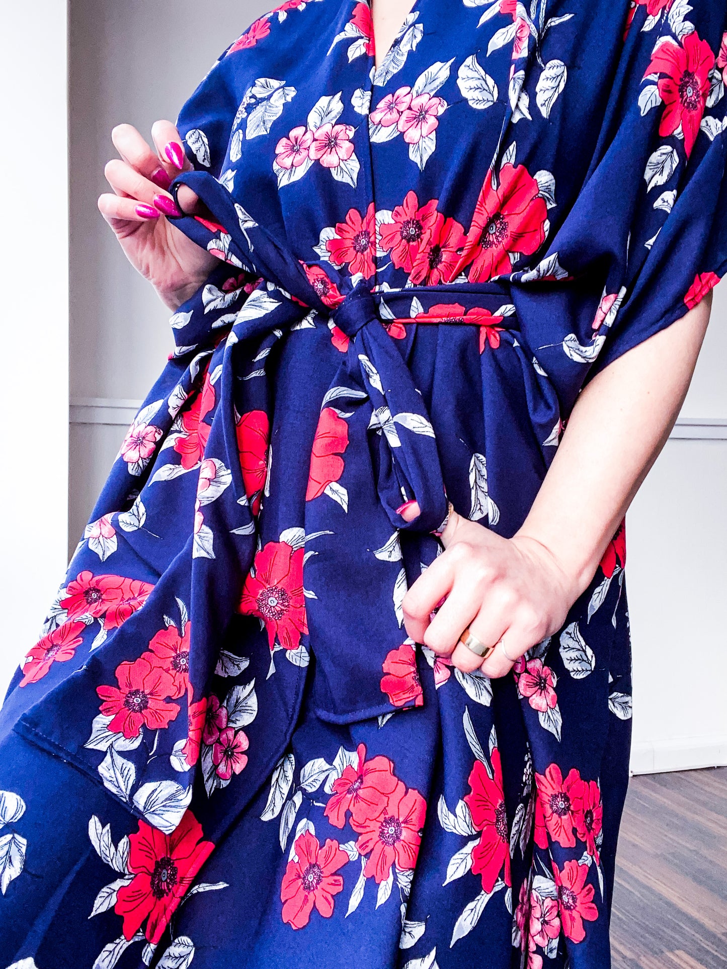 Print High Low Kimono Navy Red Floral