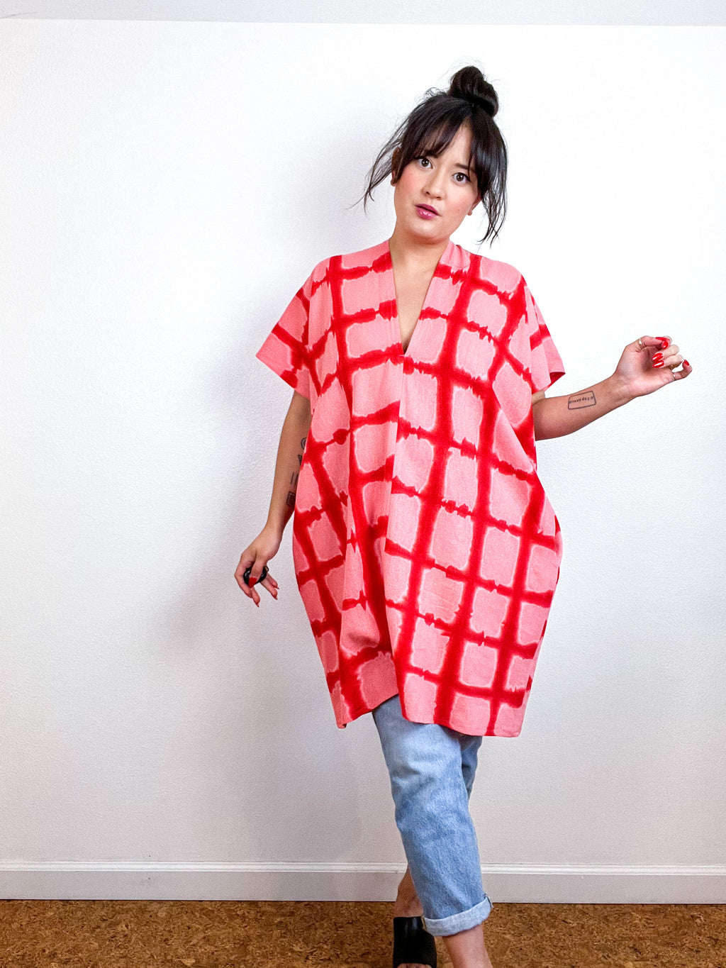 Hand-Dyed Mini Smock Dress Pink Scarlet Windowpane