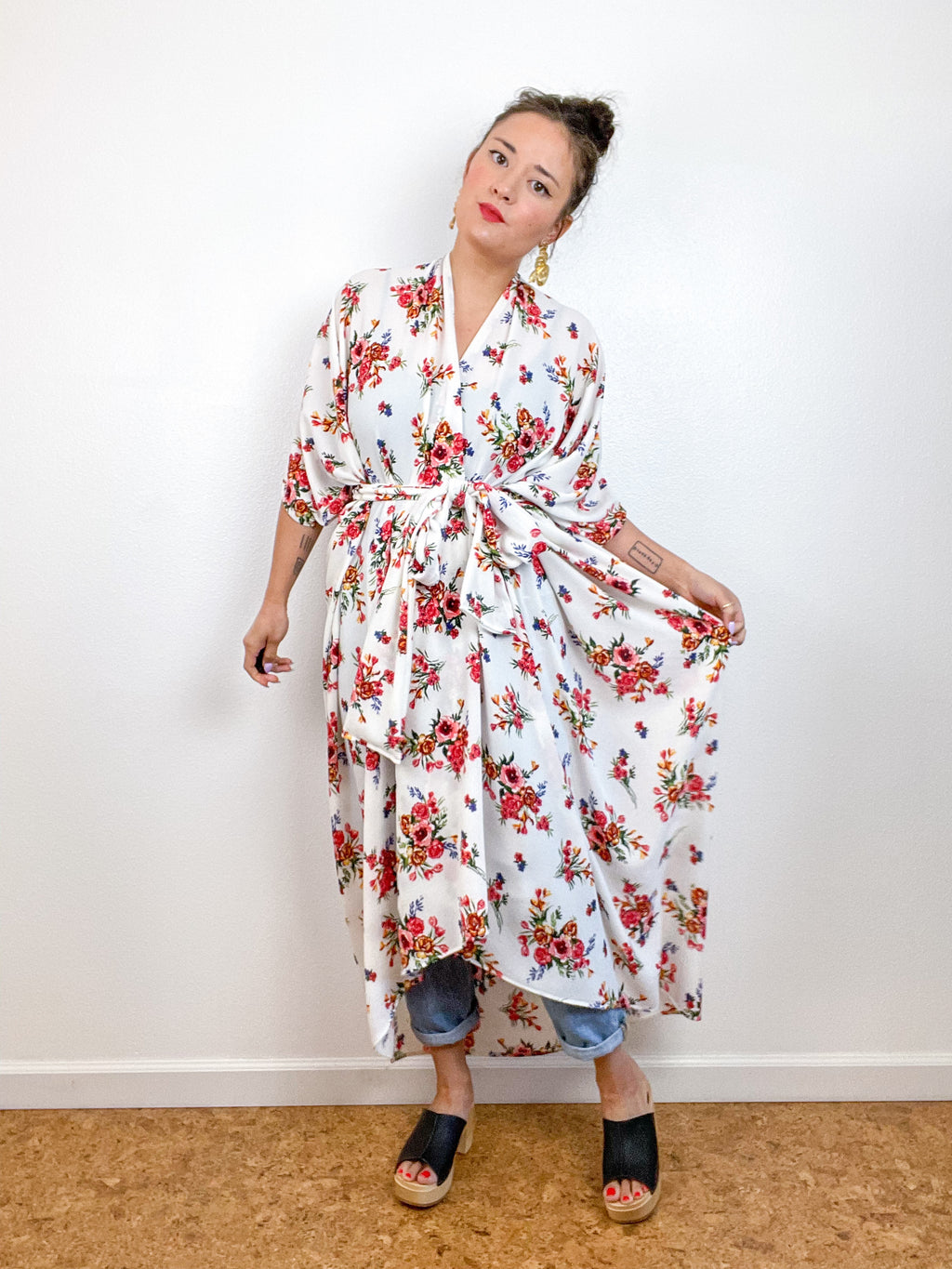 Print High Low Kimono Ivory Floral Bouquet Bubble Crepe