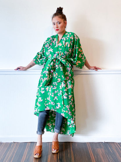 Print High Low Kimono Green Floral Crepe de Chine