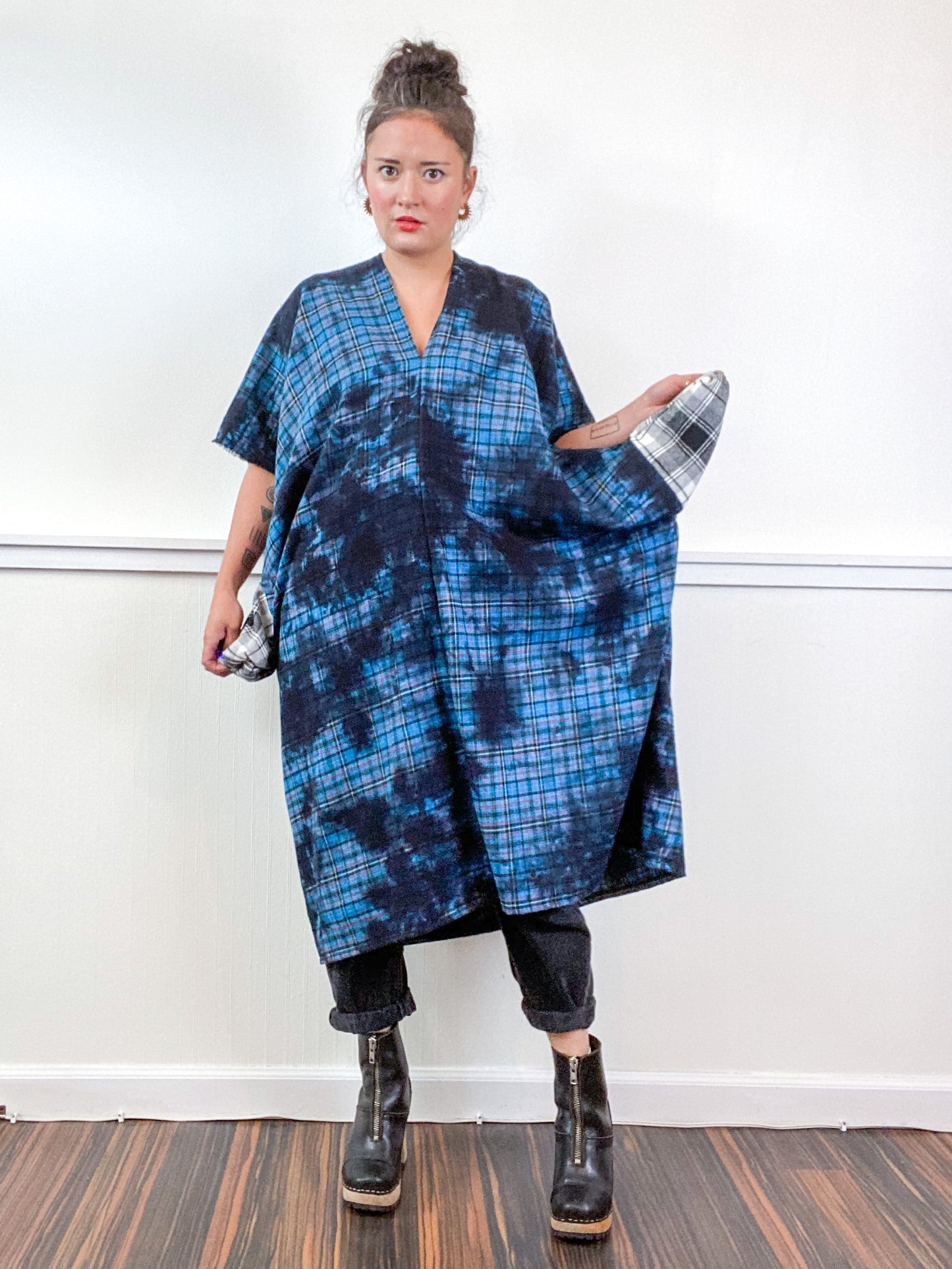Over-Dye Plaid Smock Dress Turquoise Black Midi