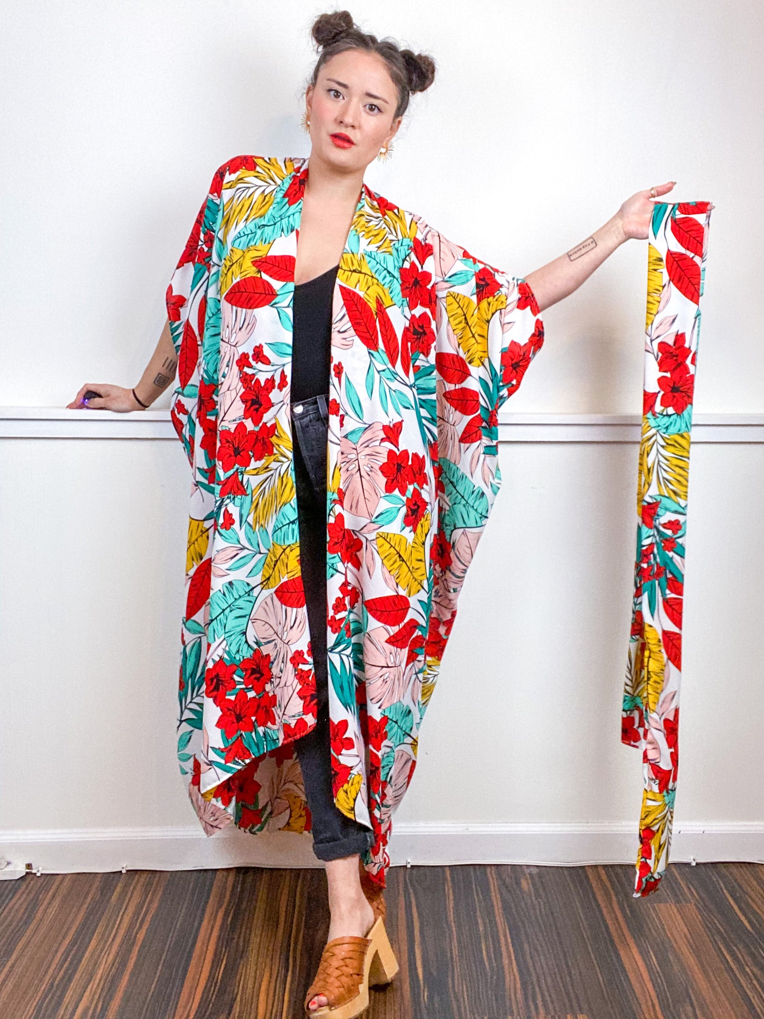 Print High Low Kimono Tropical Crepe