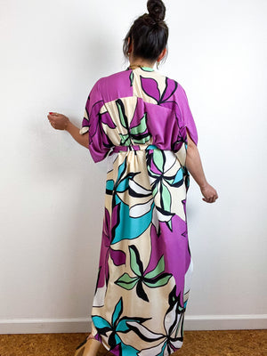 Print High Low Kimono Lilac Ecru Abstract Floral Challis
