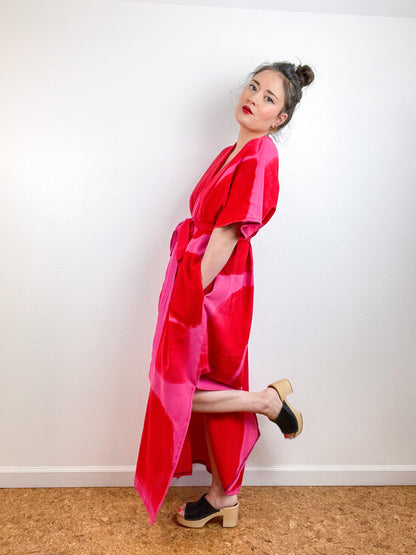 Single Gauze Duster Kimono Scarlet Fuchsia Brushstrokes