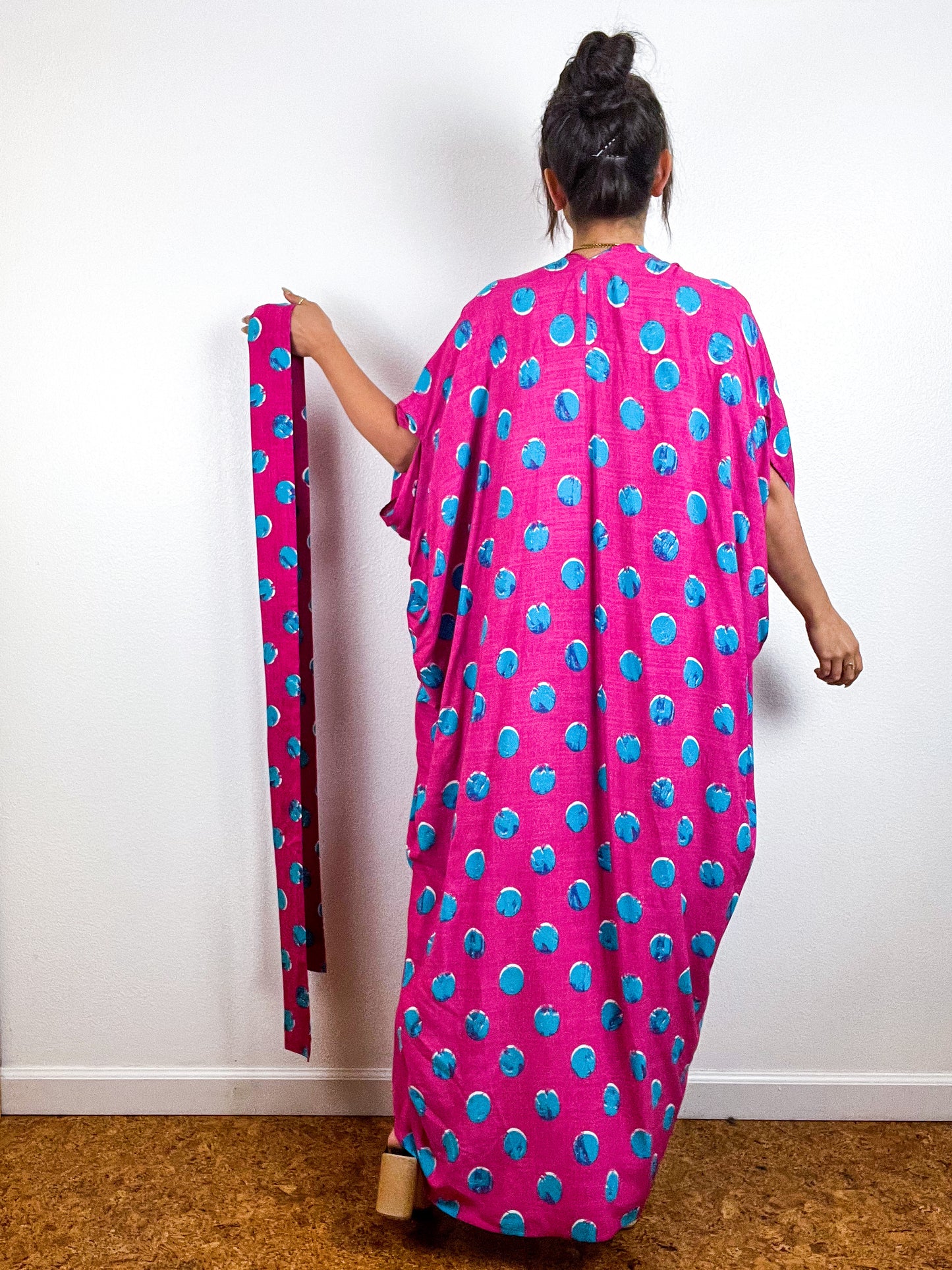 Print High Low Kimono Fuchsia Turquoise Dots Challis
