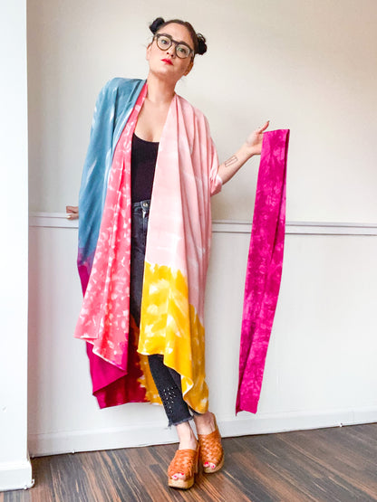 Limited Edition Hand-Dyed High Low Kimono Teal Pink Marigold