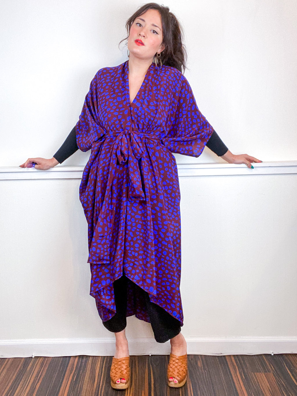 Print High Low Kimono Maroon Blue Dots Silk