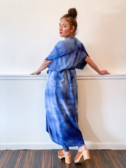 Hand-Dyed High Low Kimono Soft Blue Lines