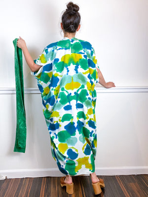 OOAK Hand-Dyed High Low Kimono Emerald Sea Chartreuse Kingfisher Inkblot
