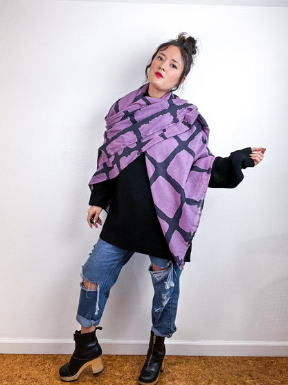 Hand-Dyed Cotton Voile Scarf Lilac Black Windowpane