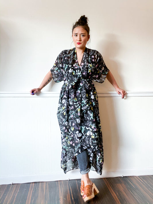 Print High Low Kimono Black Wildflower Chiffon